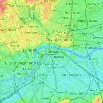 Mapa topográfico Southwark, altitude, relevo