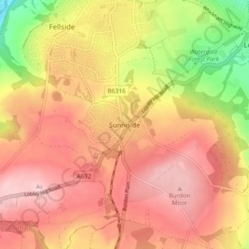 Mapa topográfico Sunniside, altitude, relevo