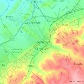Mapa topográfico Newmarket, altitude, relevo