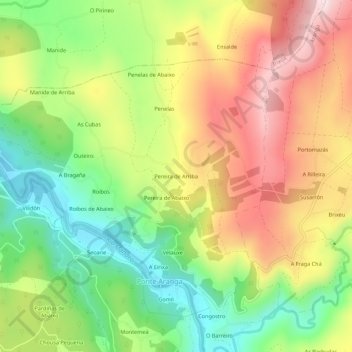 Mapa topográfico Pereira de Arriba, altitude, relevo
