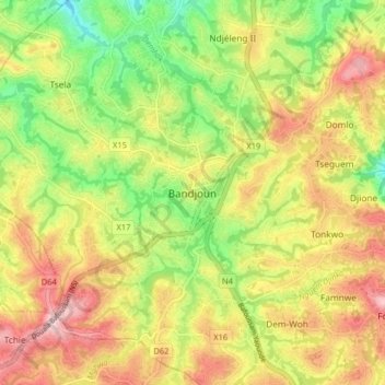 Mapa topográfico Bandjoun, altitude, relevo