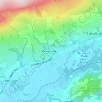 Mapa topográfico Queenzieburn, altitude, relevo