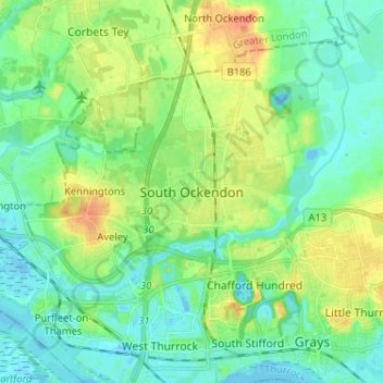 Mapa topográfico South Ockendon, altitude, relevo