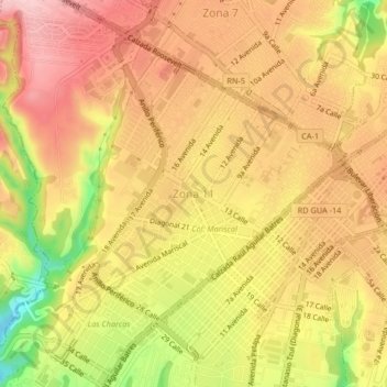 Mapa topográfico Zona 11, altitude, relevo