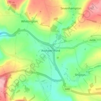 Mapa topográfico Andoversford, altitude, relevo