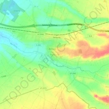 Mapa topográfico Bellpuig, altitude, relevo