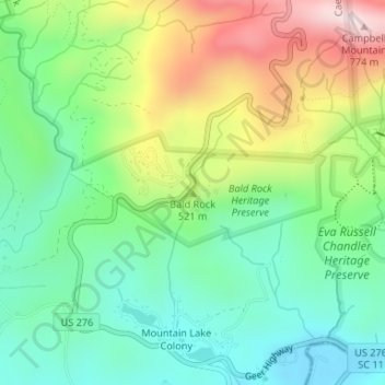 Mapa topográfico Bald Rock, altitude, relevo