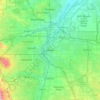 Mapa topográfico Denver, altitude, relevo