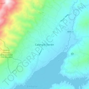 Mapa topográfico Calima El Darién, altitude, relevo