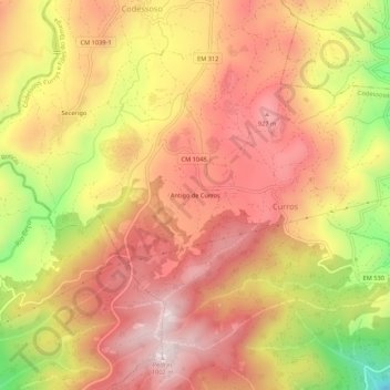 Mapa topográfico Antigo de Curros, altitude, relevo