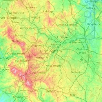 Mapa topográfico Birmingham, altitude, relevo