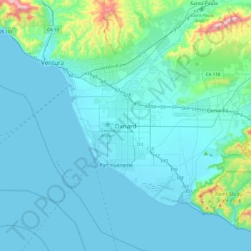 Mapa topográfico Oxnard, altitude, relevo