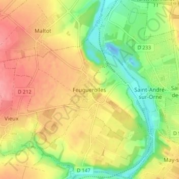 Mapa topográfico Feuguerolles, altitude, relevo