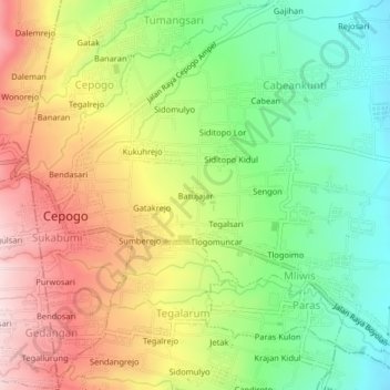 Mapa topográfico Batujajar, altitude, relevo