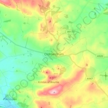 Mapa topográfico Oldmeldrum, altitude, relevo