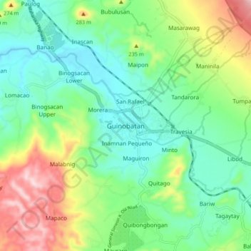 Mapa topográfico Guinobatan, altitude, relevo