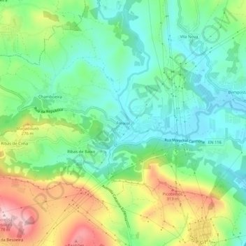 Mapa topográfico Freixial, altitude, relevo