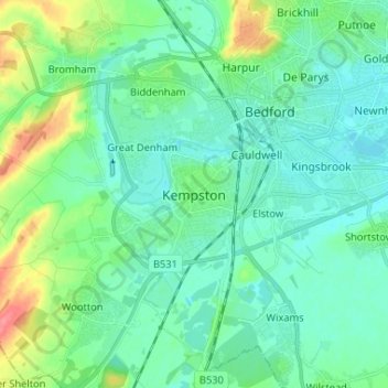 Mapa topográfico Kempston, altitude, relevo