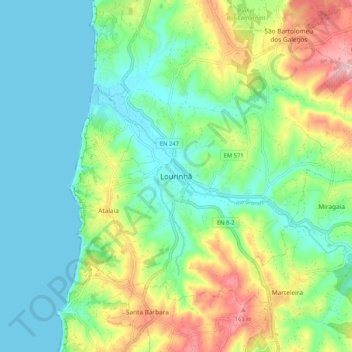 Mapa topográfico Lourinhã, altitude, relevo