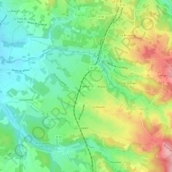 Mapa topográfico Auniac, altitude, relevo