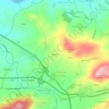 Mapa topográfico Paulinos, altitude, relevo