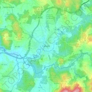 Mapa topográfico Carvalho, altitude, relevo