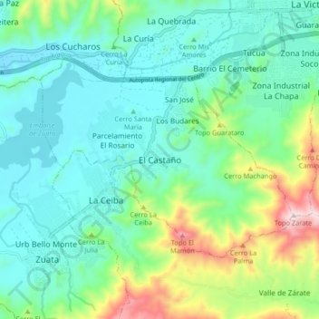 Mapa topográfico El Castaño, altitude, relevo
