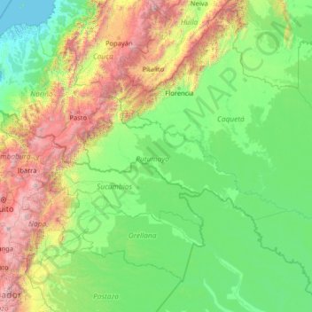 Mapa topográfico Putumayo, altitude, relevo