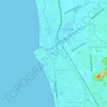 Mapa topográfico ulak karang, altitude, relevo