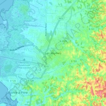Mapa topográfico Les Abymes, altitude, relevo