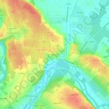 Mapa topográfico Bagnolet, altitude, relevo