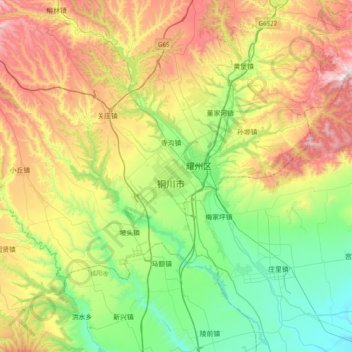 Mapa topográfico 铜川市, altitude, relevo