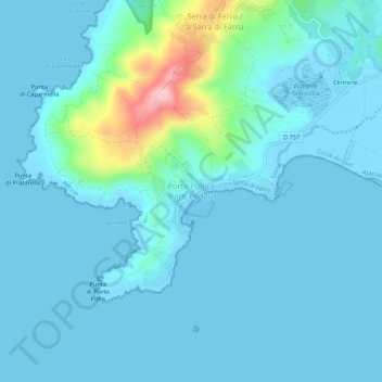 Mapa topográfico Porto Pollo, altitude, relevo