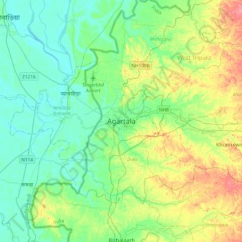 Mapa topográfico Agartala, altitude, relevo