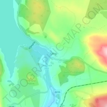 Mapa topográfico Lairg, altitude, relevo