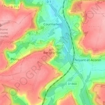 Mapa topográfico Berzy-le-Sec, altitude, relevo