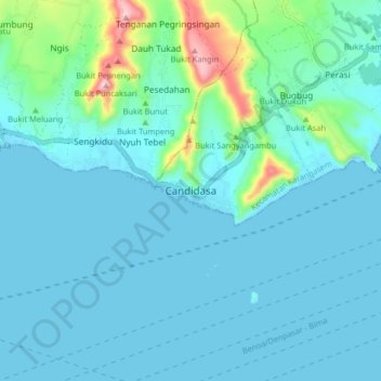 Mapa topográfico Candidasa, altitude, relevo