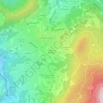 Mapa topográfico Hameau du Chenevas, altitude, relevo