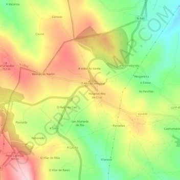Mapa topográfico O Hospital, altitude, relevo