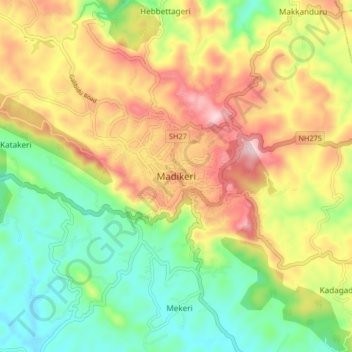 Mapa topográfico Madikeri, altitude, relevo
