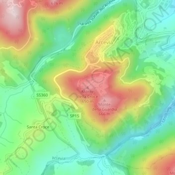 Mapa topográfico Monte della Croce, altitude, relevo