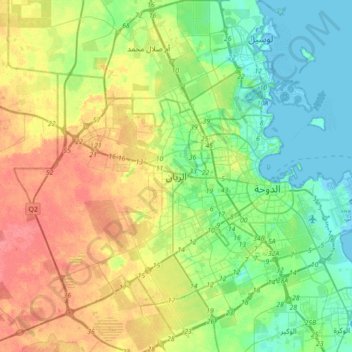 Mapa topográfico Al Rayyan, altitude, relevo