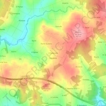 Mapa topográfico O Reboredo, altitude, relevo