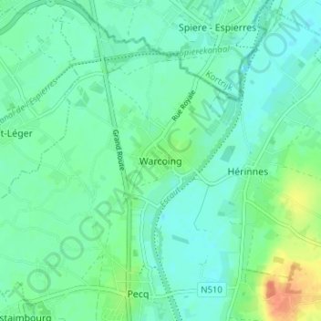 Mapa topográfico Warcoing, altitude, relevo