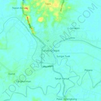 Mapa topográfico Tanah Grogot, altitude, relevo