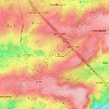 Mapa topográfico Damré, altitude, relevo