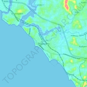 Mapa topográfico Thalassery, altitude, relevo