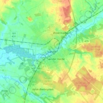 Mapa topográfico Varde, altitude, relevo