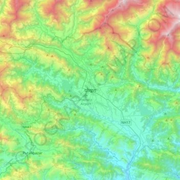 Mapa topográfico Pokhara, altitude, relevo