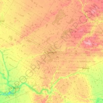 Mapa topográfico Stratford, altitude, relevo
